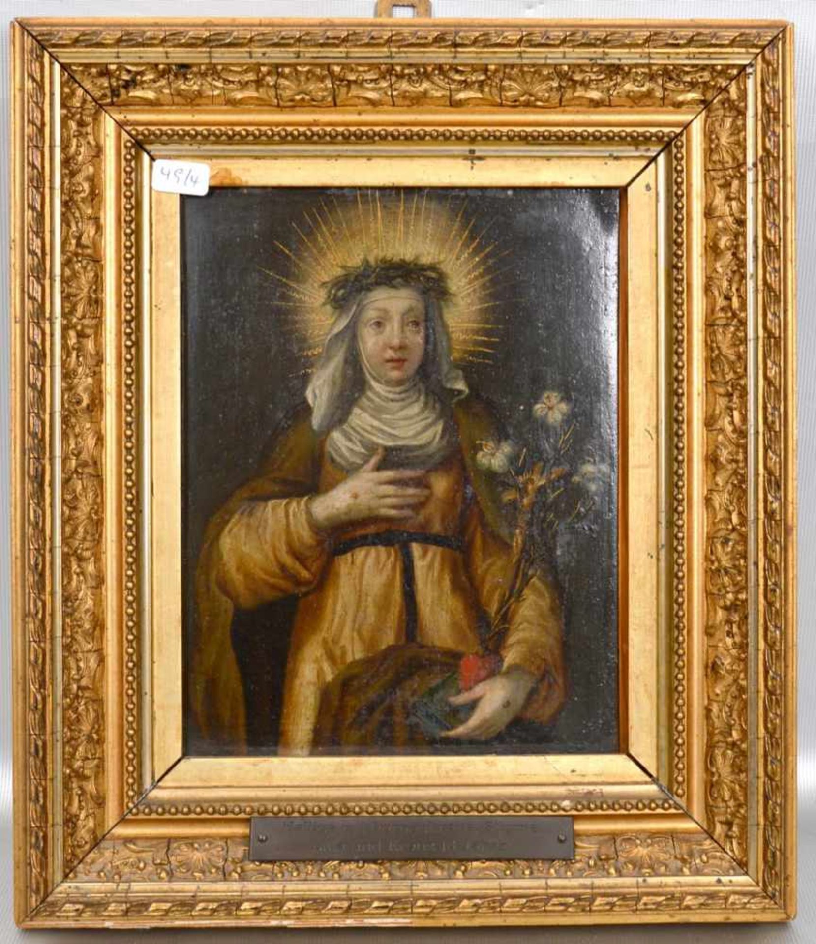 Unbekannter Malerum 1800, Heilige mit Dornenkrone und Lilienzweig, Öl/Kupfer, 14 X 19 cm, Rahmen