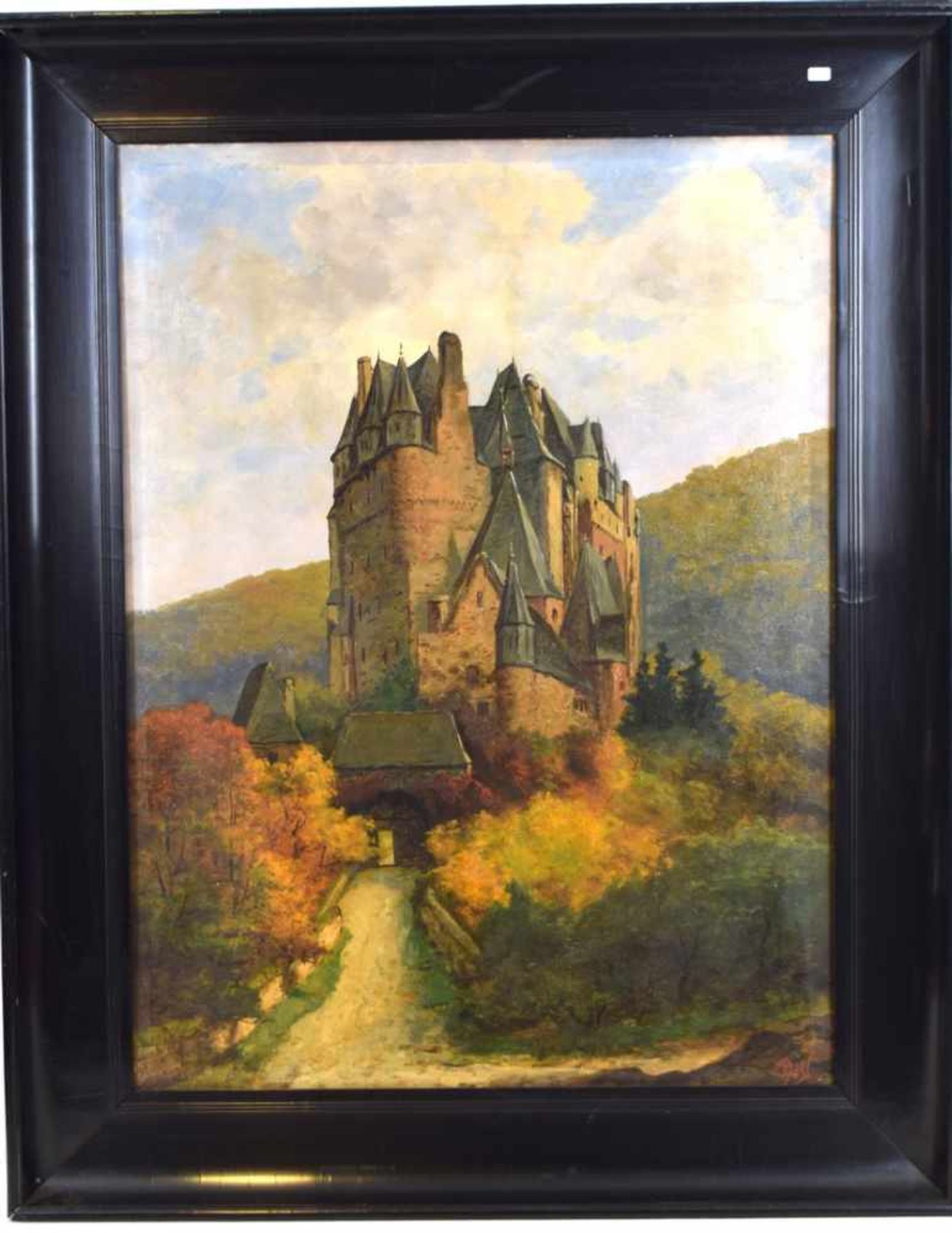 Unbekannter Malerum 1900, Ansicht der Burg Eltz, Öl/Hartfaserplatte, u.r.sign., 60 X 80 cm,
