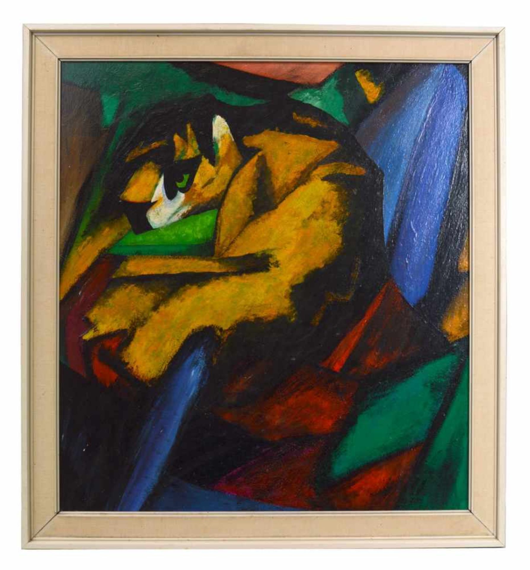 Unbekannter Maler20. Jh., abstrakte Darstellung mit Katze, Acryl/Holz, 50 X 55 cm, Rahmen