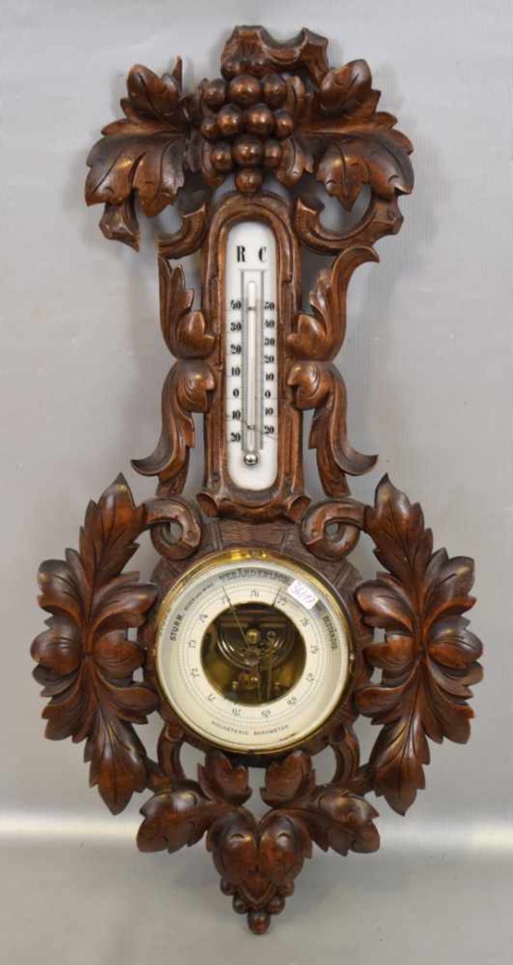 Thermometer/BarometerHartholz, geschnitzt, mit Ranken und Weintrauben, best., Thermometer besch.,