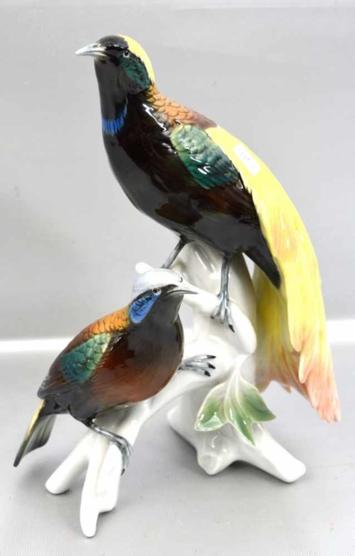Zwei Paradiesvögelauf Ast sitzend, bunt bemalt, H 26 cm, FM Ens