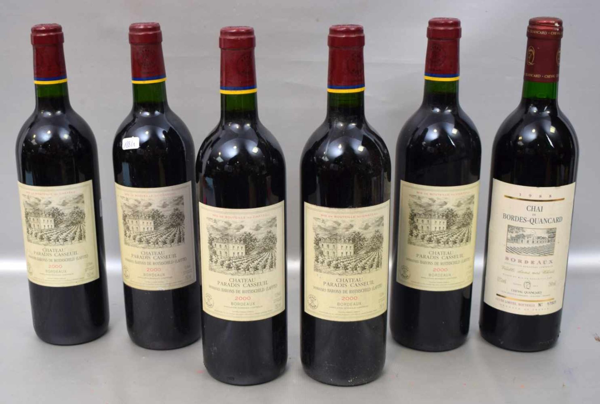 Konvolut sechs Flaschen Weinfünf Flaschen Chateau Paradis Cassiuli 2000 und eine Flasche Bordeaux