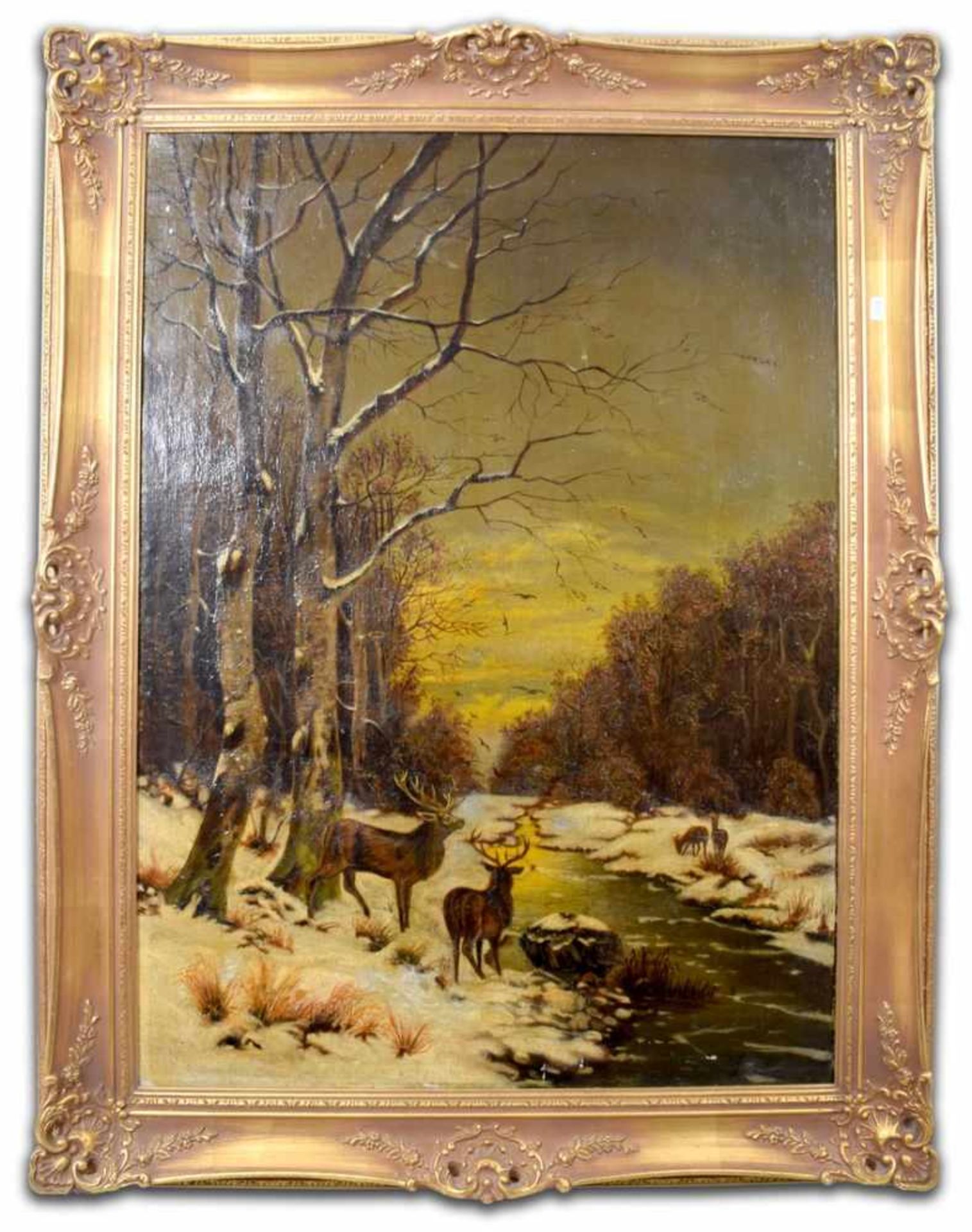 Unbekannter Maler19. Jh., Rehe und Hirsche am Bachlauf im Winterwald, Öl/Lwd., 55 X 75 cm,