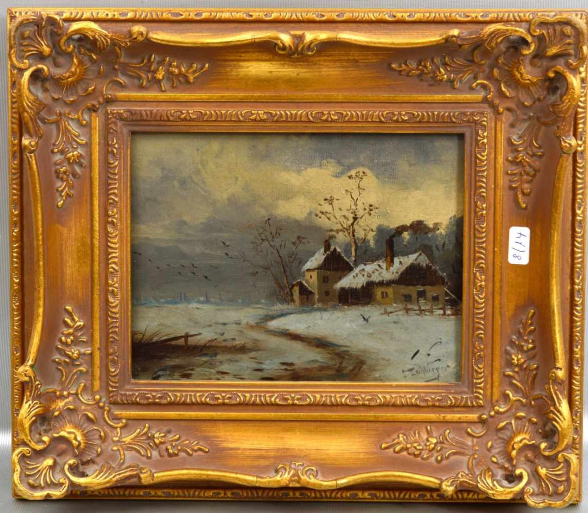 Unbekannter Maler20. Jh., Wintertag, altes Bauerngehöft, im Hintergrund Teilansicht einer Stadt,