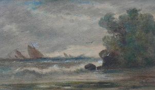 Mennet, Louis (Genf 1829-1875) "Küstenszene"; mehrere Segelboote bei stürmischer See; auf der