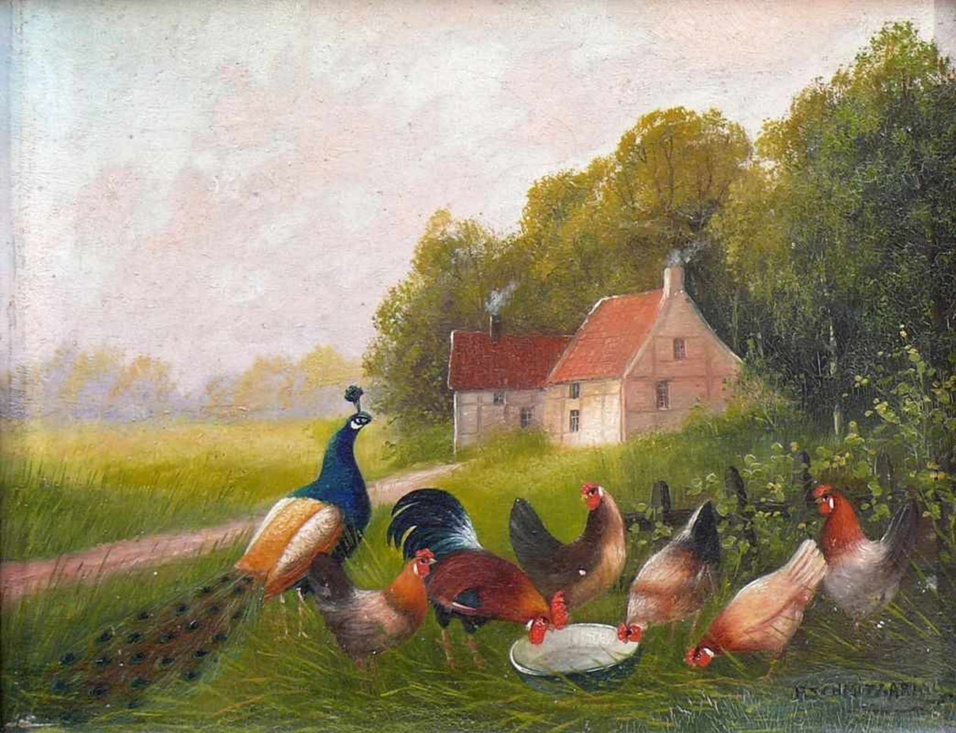 Schmitz-Aring, P. (19./20.Jh.) "Hühnerschar mit Pfau" auf Wiese vor baumbestandenem Haus; Öl/Holz; - Bild 2 aus 4