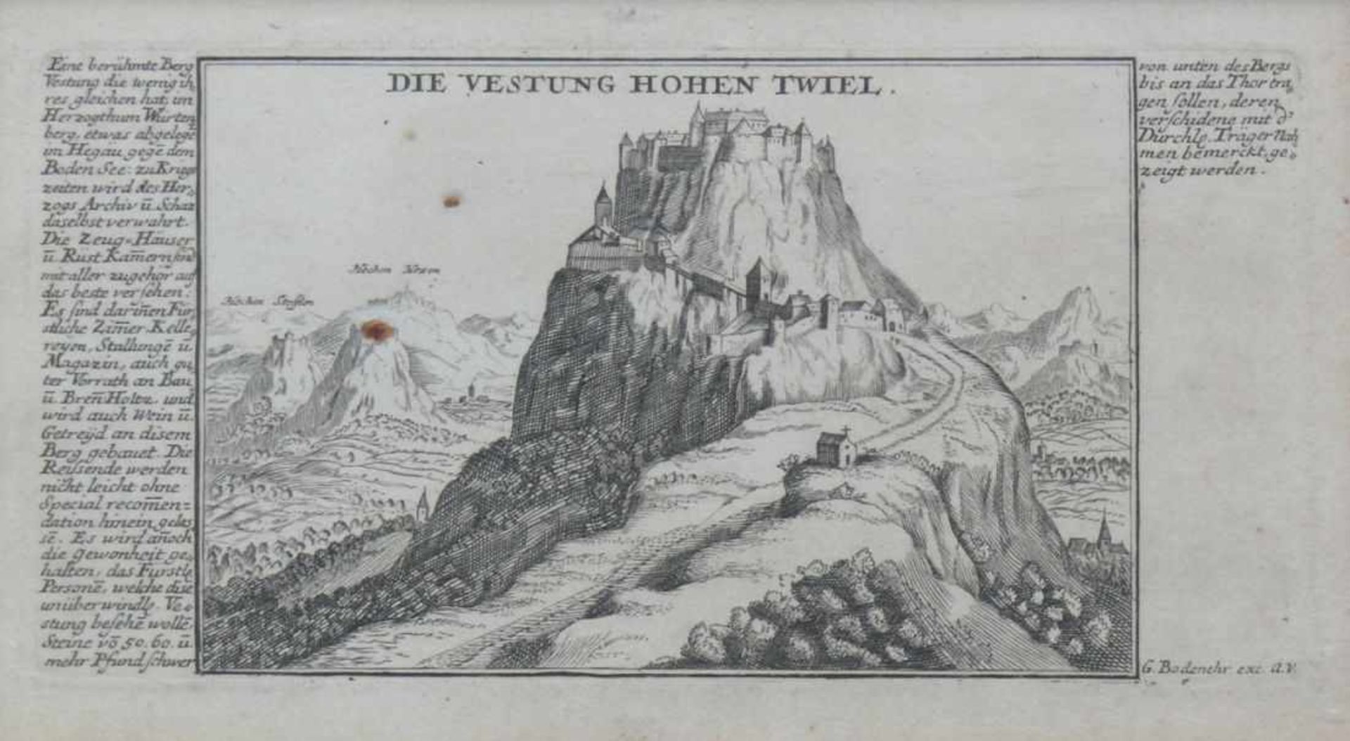 Die Vestung Hohen Twiel (18.Jh.) Kupferstich; Blick auf Hohentwiel mit weiteren Hegaubergen; - Bild 2 aus 2
