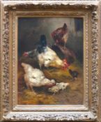 Schouten, Henry (1864 Indonesien - 1927 Gent) "Hühner mit Hahn in Scheune"; 3 Küken; ÖL/LW; rechts