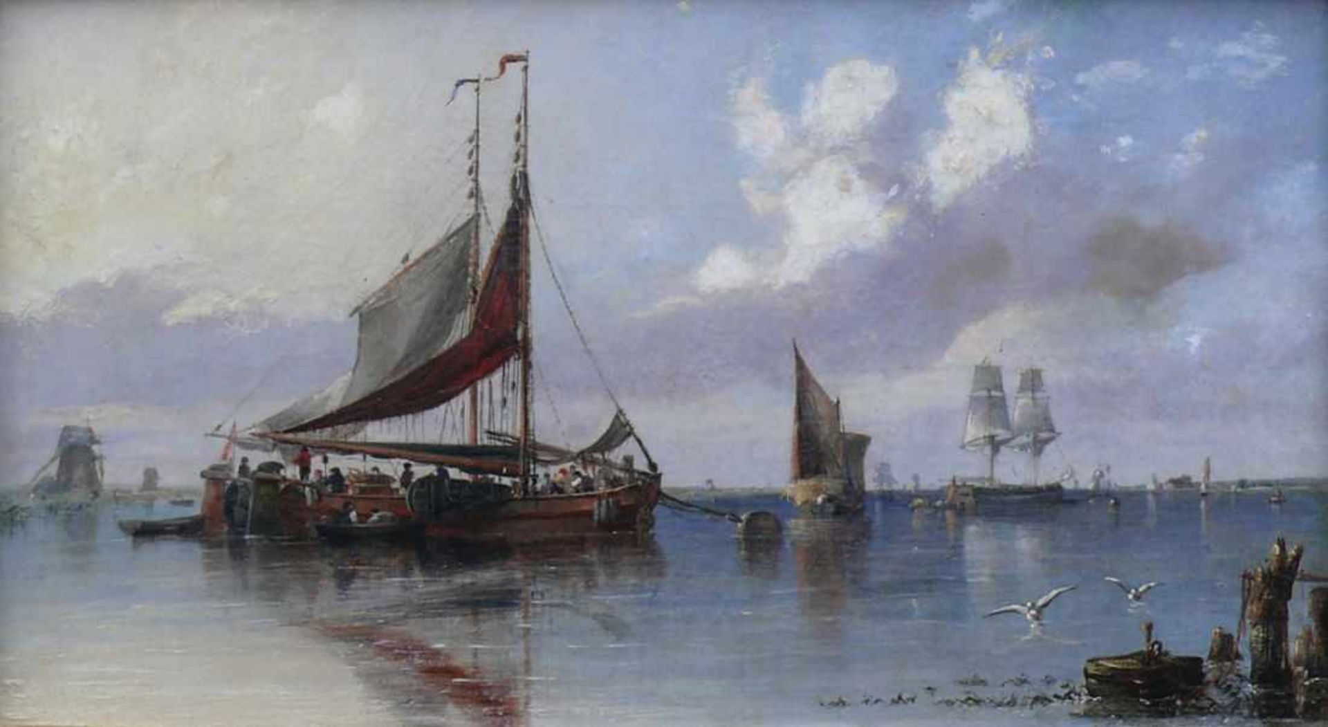 Hulk, Abraham (London 1813 - 1897) "Segel- und Fischerboote am Ufer"; lebhaftes Treiben und Handeln; - Image 2 of 5