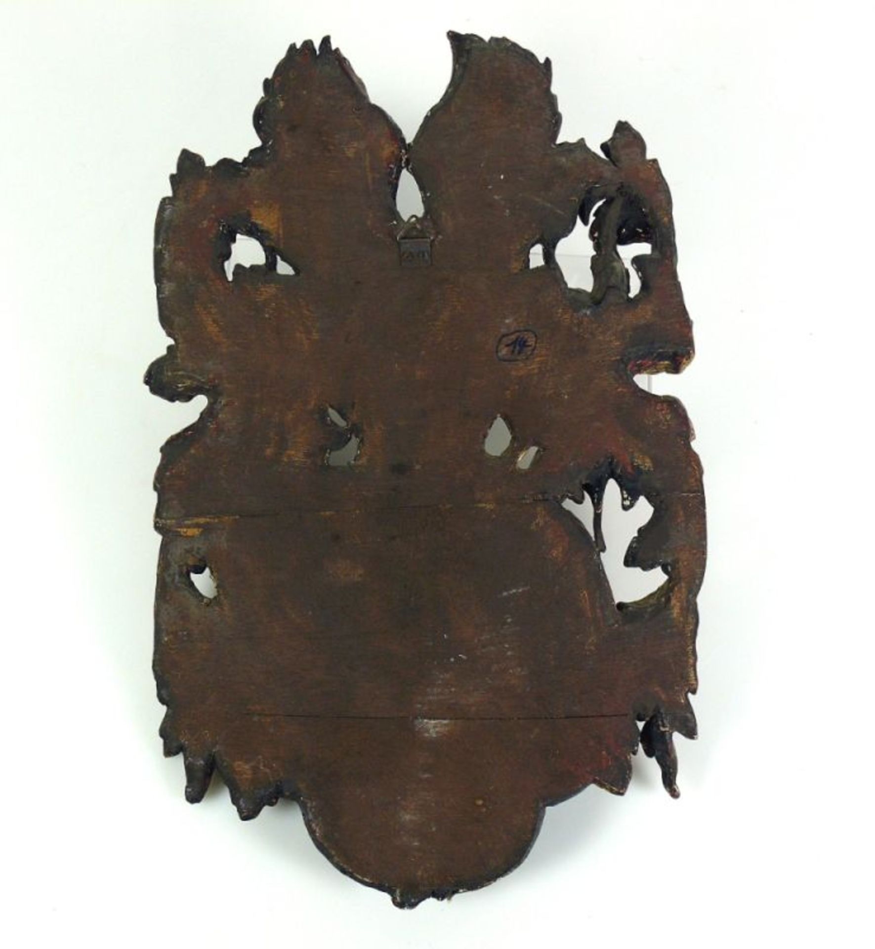 Wappentafel (18.Jh.) Holz geschnitzt, verg. und farbig gefasst; ca. 40 x 26 cm - Bild 2 aus 2