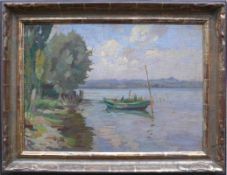 Köhler, August (Stuttgart 1881 - 1964) "Bodenseelandschaft bei Iznang"; Ruderboot am Ufer;
