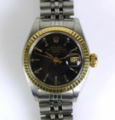 ROLEX-Damenarmbanduhr LADY OYSTER PERPETUAL DATE; Stahl/Gold; Automatik; schwarzes Ziffernblatt;