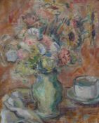 Marczynski, Adam (Krakau 1908 - 1985) "Blumenstillleben" mit Kaffeetasse auf Tisch; ÖL/LW/Pavatex;