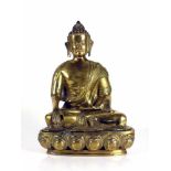 Buddha SHAKYAMUNI (Tibetochinesisch, 19./20.Jh.) Bronze; auf Lotussockel sitzend; die rechte Hand in