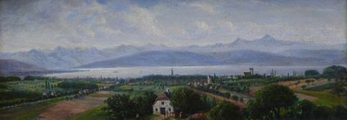Anonym (2.H.19.Jh.) "Blick auf Friedrichshafen" von einer Anhöhe aus auf den Bodensee mit Alpen;