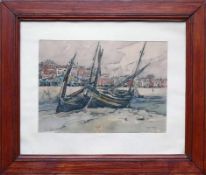 Garat, Francis (1870 Paris - ?) "Südfranzösische Hafenstadt"; im Vordergrund 2 Fischerboote am Ufer;