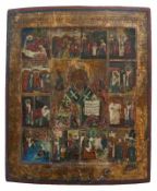 Ikone (Russland, 19.Jh.) "St. Nikolaus", flankiert von 12 Miniaturen mit figuralen Szenen aus seinem