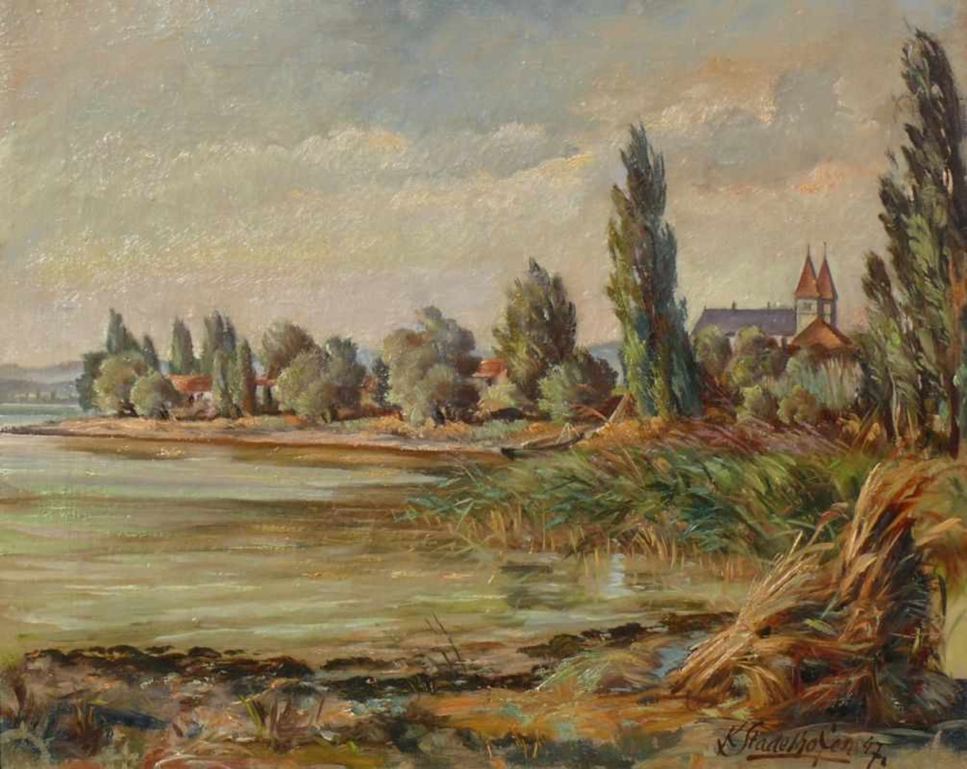 Stadelhofer, Karl (1897 Wollmatingen - 1960 Konstanz) "Blick auf Reichenau"; Spitze Richtung Westen;