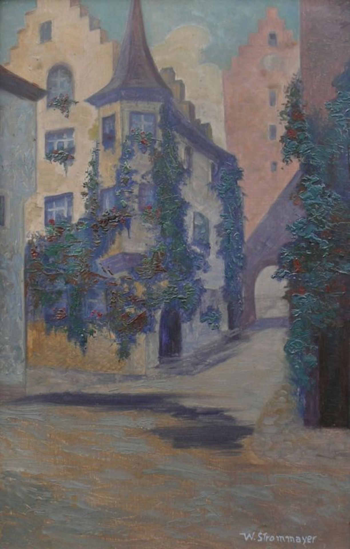 Strommayer, W. (1.H.20.Jh.) "Meersburg"; Blick auf blumenberanktes Haus in der Oberstadt; ÖL/