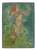 Keramikwandplatte (1.H.20.Jh.) "Meerjungfrau"; plastisch, farbig staffiert; rechts unten monogr. I.