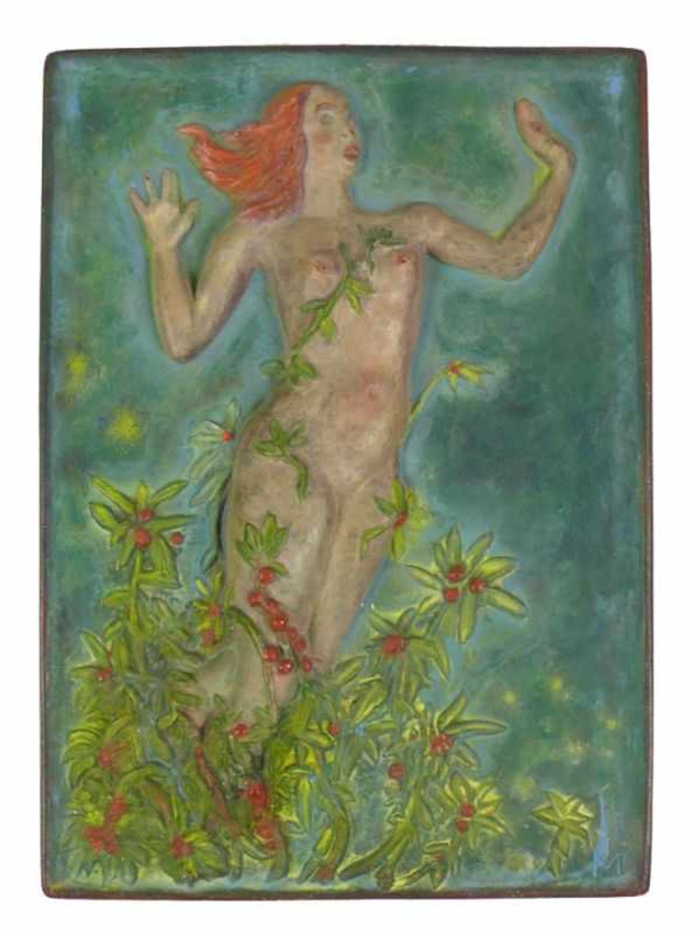 Keramikwandplatte (1.H.20.Jh.) "Meerjungfrau"; plastisch, farbig staffiert; rechts unten monogr. I.