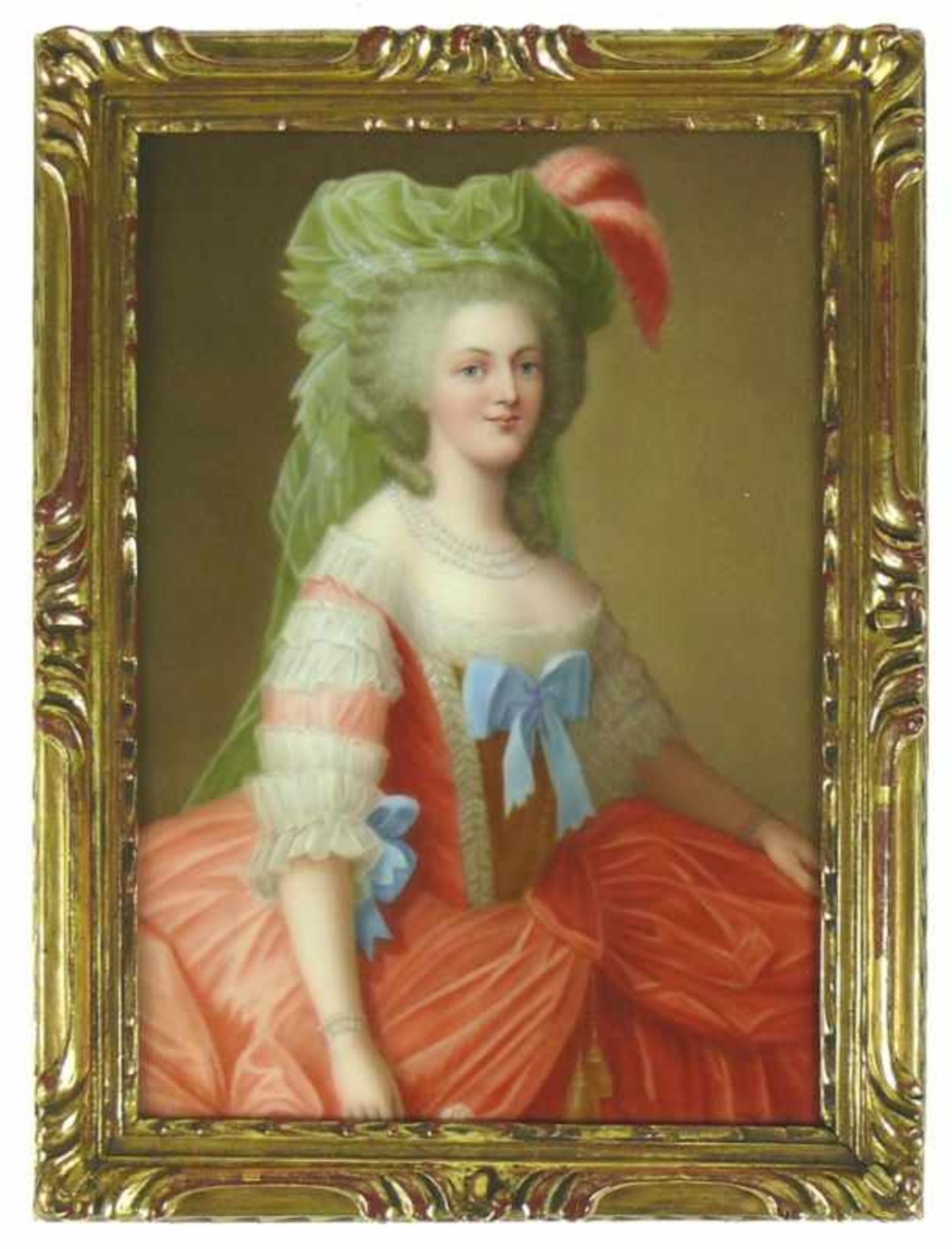 Bildplatte (Ende 19.Jh.) "Darstellung Marie Antoinette" in prächtigem Kleid mit Kopfschmuck; bemalte