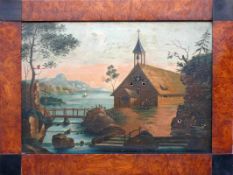 Bilderuhr (Deutsch, 19.Jh.) "Romantische Landschaft am See" mit Kirche und Personen; Kirchturmuhr;