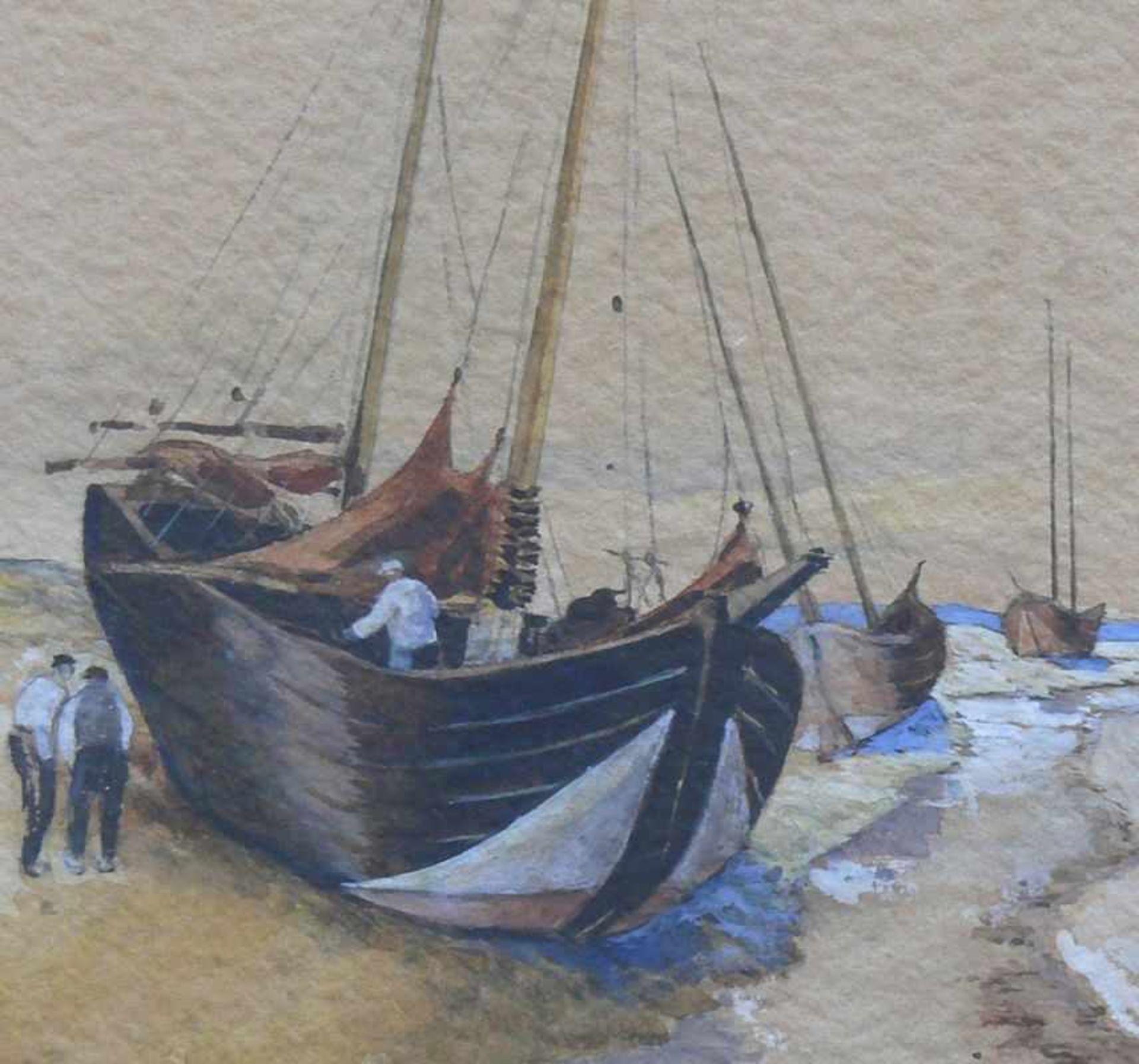 Venkord (um 1900) "Fischkutter und 3 Fischer am Strand"; Aquarell, tlw. weiß gehöht; sign.; 31 x - Bild 2 aus 4