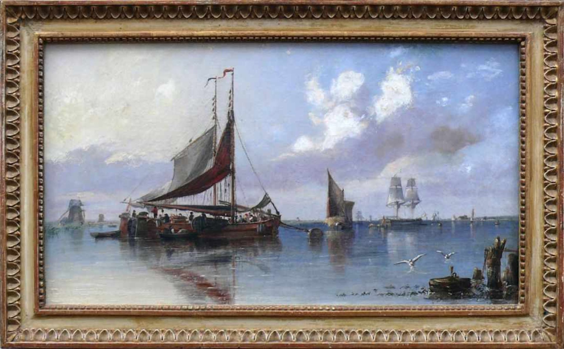 Hulk, Abraham (London 1813 - 1897) "Segel- und Fischerboote am Ufer"; lebhaftes Treiben und Handeln;