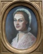 Anonym (2.H.19.Jh.) "Damen-Halbportrait" mit Perlenkette und weißem Haarschmuckband; Pastell; in