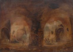 Anonym (18./19.Jh.) "Blick in eine Grotte" mit Personen und Pferde; ÖL/LW/doubliert; 37,5 x 53 cm