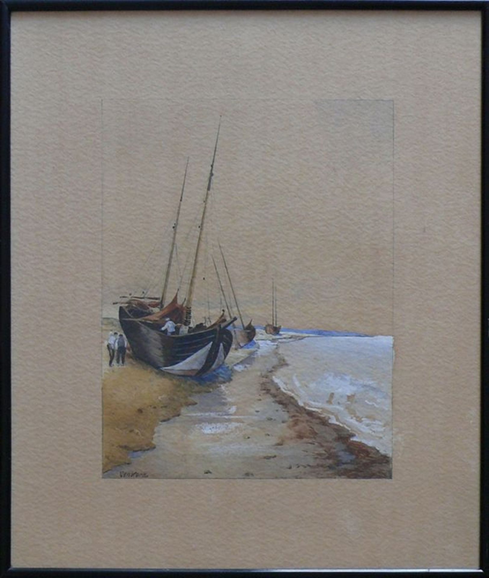 Venkord (um 1900) "Fischkutter und 3 Fischer am Strand"; Aquarell, tlw. weiß gehöht; sign.; 31 x - Bild 3 aus 4