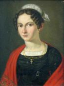 Deutsche Schule (19.Jh.) "Frauenhalbportrait"; in schwarzem Kleid mit rotem Umhang u. Kopfbedeckung;