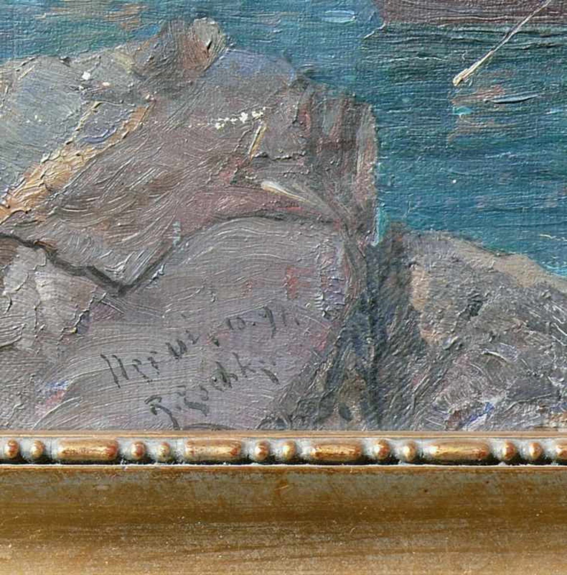 Eschke, Hermann (Berlin 1823 - 1900) "Blaue Grotte" auf Capri mit wartendem Boot; ÖL/LW; sign.; 45 x - Image 3 of 4