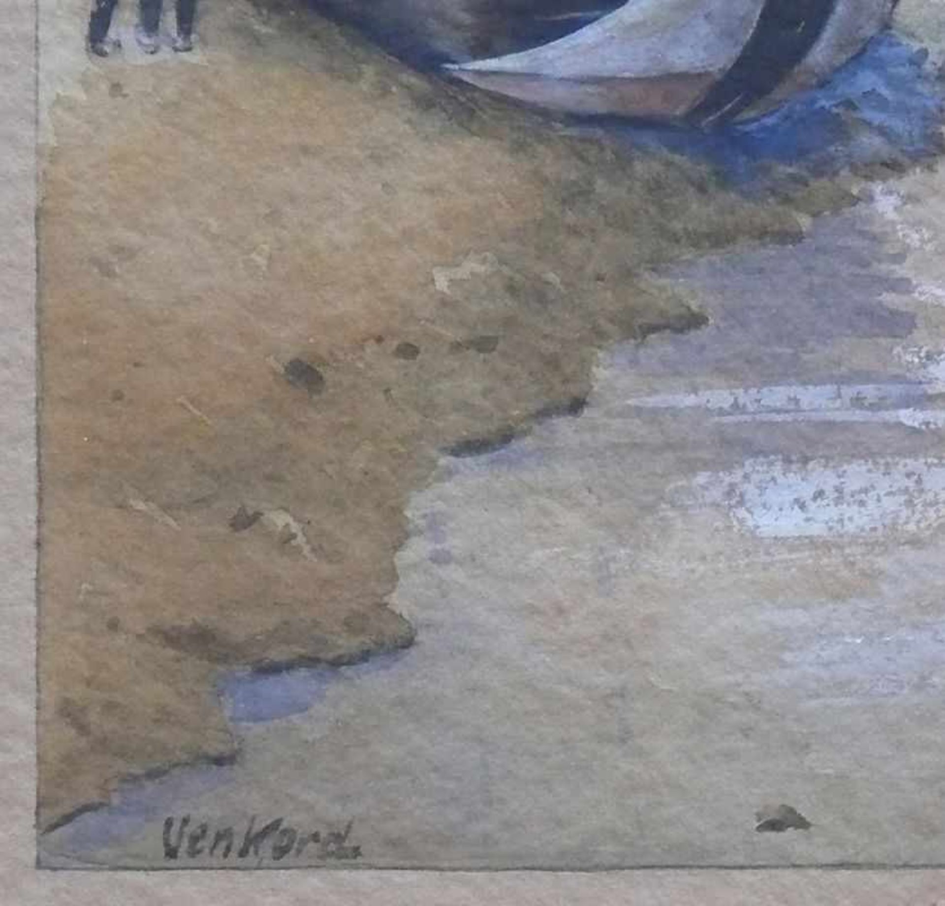 Venkord (um 1900) "Fischkutter und 3 Fischer am Strand"; Aquarell, tlw. weiß gehöht; sign.; 31 x - Bild 4 aus 4