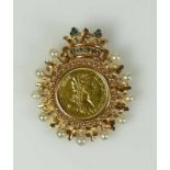 Brosche Gold über 18ct (geprüft); im Zentrum Medaille der "Marie-Antoinette", Reine-de-France;