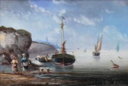 Rose, Félix-Léonce (Paris, 2. H. 19.Jh.) "Fischer an Meeresküste" mit ihren Booten; ÖL/Holz;