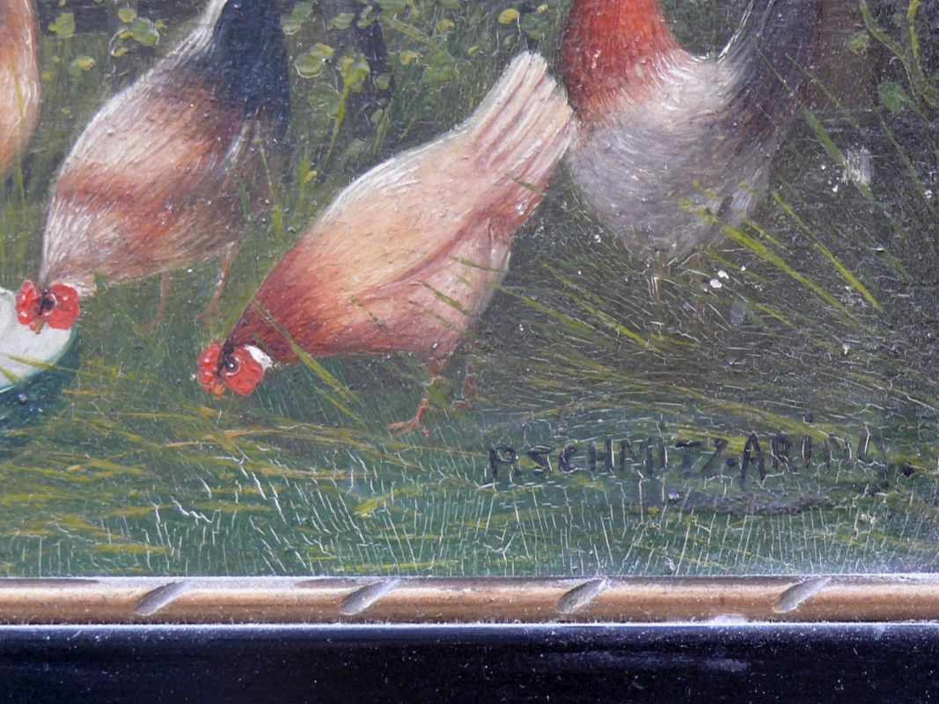 Schmitz-Aring, P. (19./20.Jh.) "Hühnerschar mit Pfau" auf Wiese vor baumbestandenem Haus; Öl/Holz; - Bild 3 aus 4