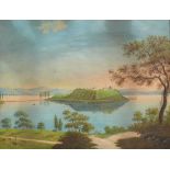 Meinau (um 1830) "Blick vom Ufer auf die Insel Meinau"; im linken Vordergrund Bauer mit Kühe; mittig