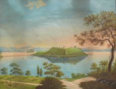 Meinau (um 1830) "Blick vom Ufer auf die Insel Meinau"; im linken Vordergrund Bauer mit Kühe; mittig