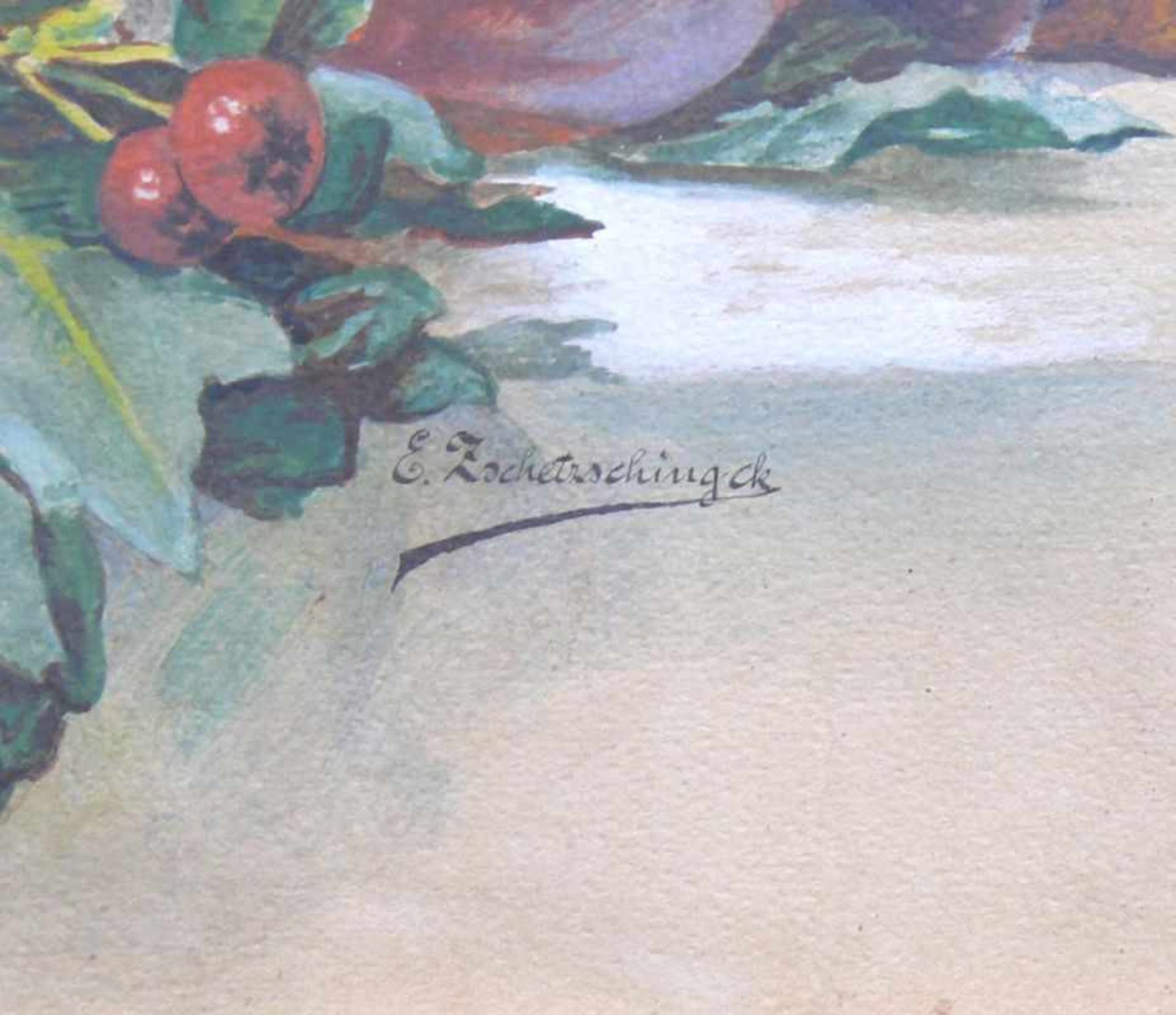 Zschetzschingck, E. (um 1900) "Obststillleben" mit Trauben und Pfirsiche; Aquarell; sign.; ca. 30 - Bild 3 aus 3