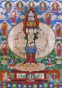 Thangka Bodhisattva AVALOKITESHVARA (Südtibet, um 1850) farbig auf Seide bemalt; Herr des großen