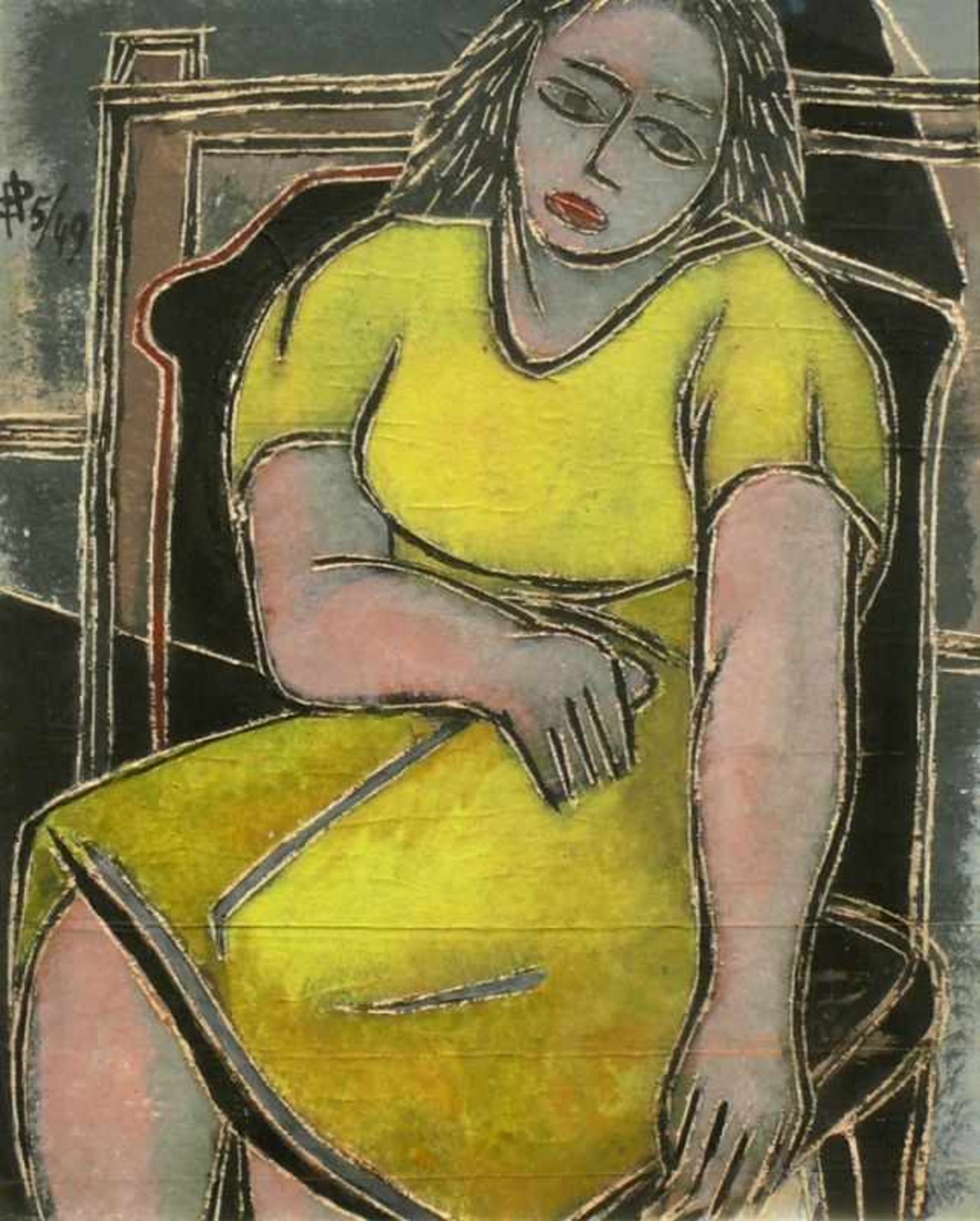 Diederichs, Peter (Konstanz 1923 - 1982) "Junge Frau in gelbem Kleid" auf dunklem Sessel sitzend; - Bild 2 aus 5