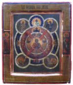 Ikone (19.Jh.) "Das alles sehende Auge Gottes"; Bildmitte mit Christus Emmanuel in einer Rundaureole