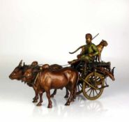 Wiener Bronze (um 1900) "Arabischer Jäger auf Ochsen-Gespann" und stehendem Jagd-Panther mit