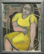 Diederichs, Peter (Konstanz 1923 - 1982) "Junge Frau in gelbem Kleid" auf dunklem Sessel sitzend;