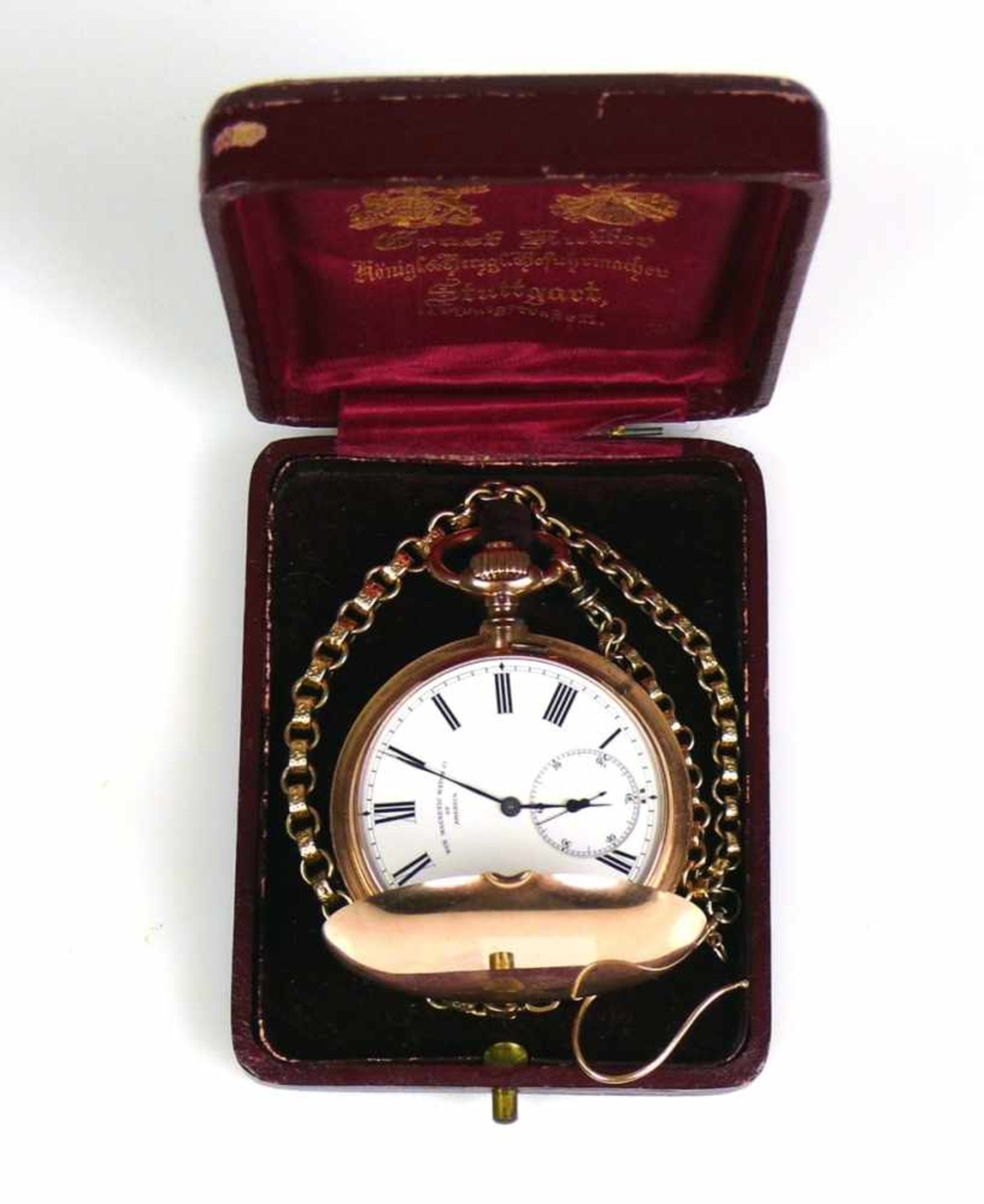 Savonette (um 1900) Gehäuse und 3 Deckel sowie Uhrenkette in 14ct GG; Emailziffernblatt ( - Bild 2 aus 4