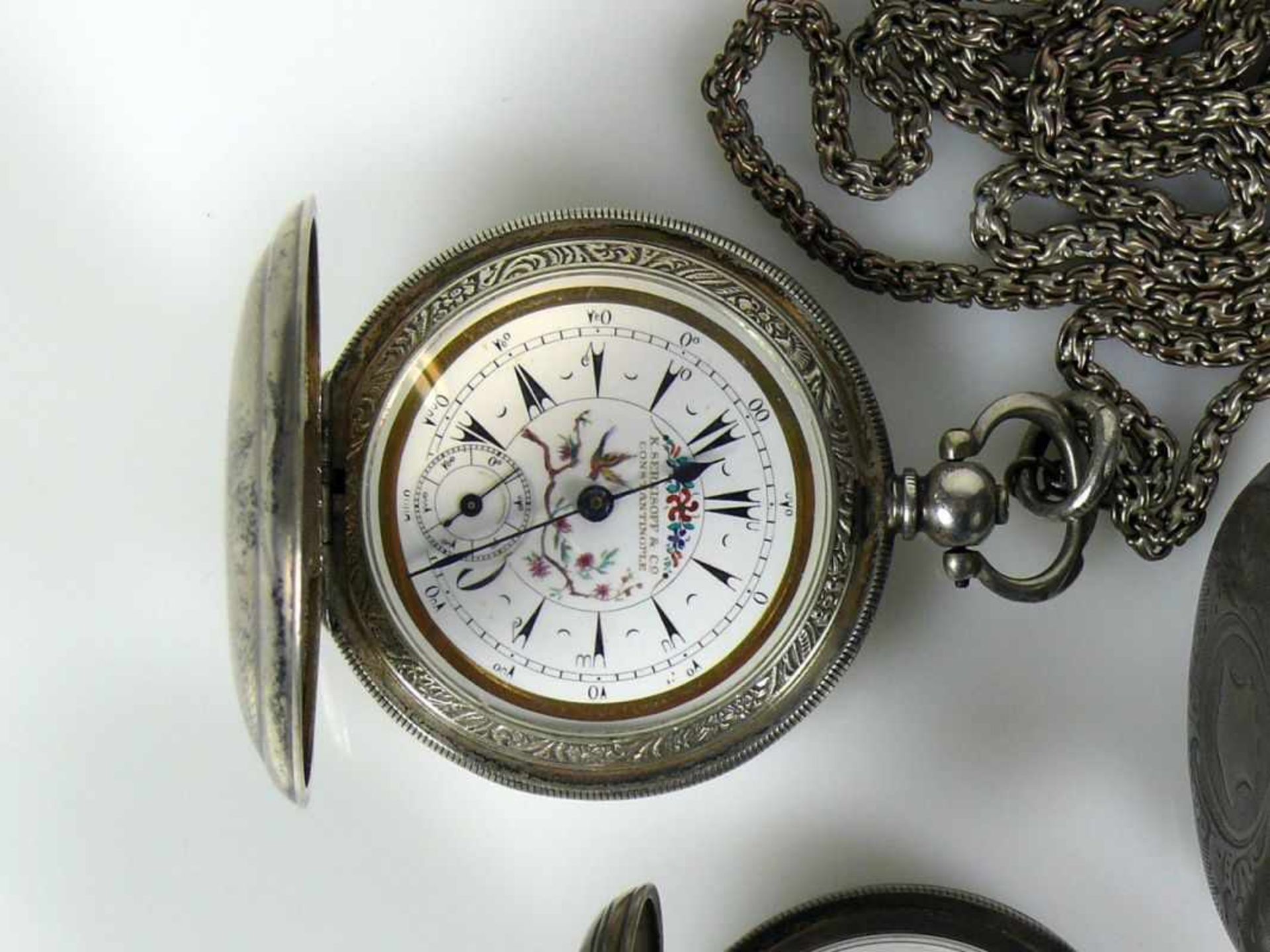 7 div. Taschenuhren vorwiegend Silber; davon 3 Savonetten; 1x mit Uhrenkette; überholungsbedürftig - Bild 2 aus 8