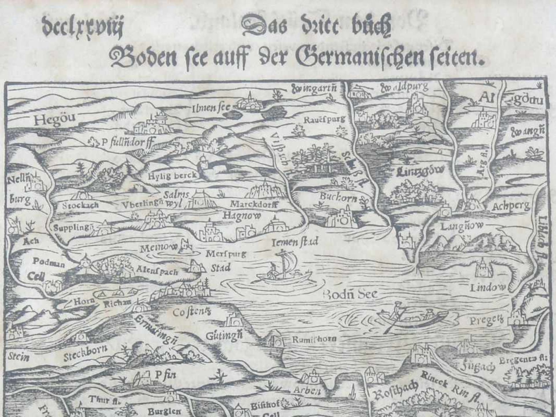 Bodensee (Seb. Münster, um 1550) auf der germanischen Seiten; mit Textlegende; Holzstich; ca. 28 x - Bild 2 aus 3