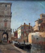 Favretto, Giacomo (attr., Venedig 1849 - 1887) "Kanal in ital. Stadt (Chioggia)"; ÖL/Papier/LW; 24,5